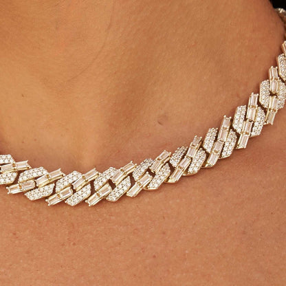 12mm Mixed Stone Diamond Cuban Necklace - Yellow Gold