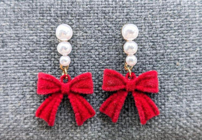 Beautiful Red Bow and Pearl Earrings