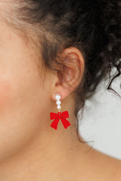 Beautiful Red Bow and Pearl Earrings