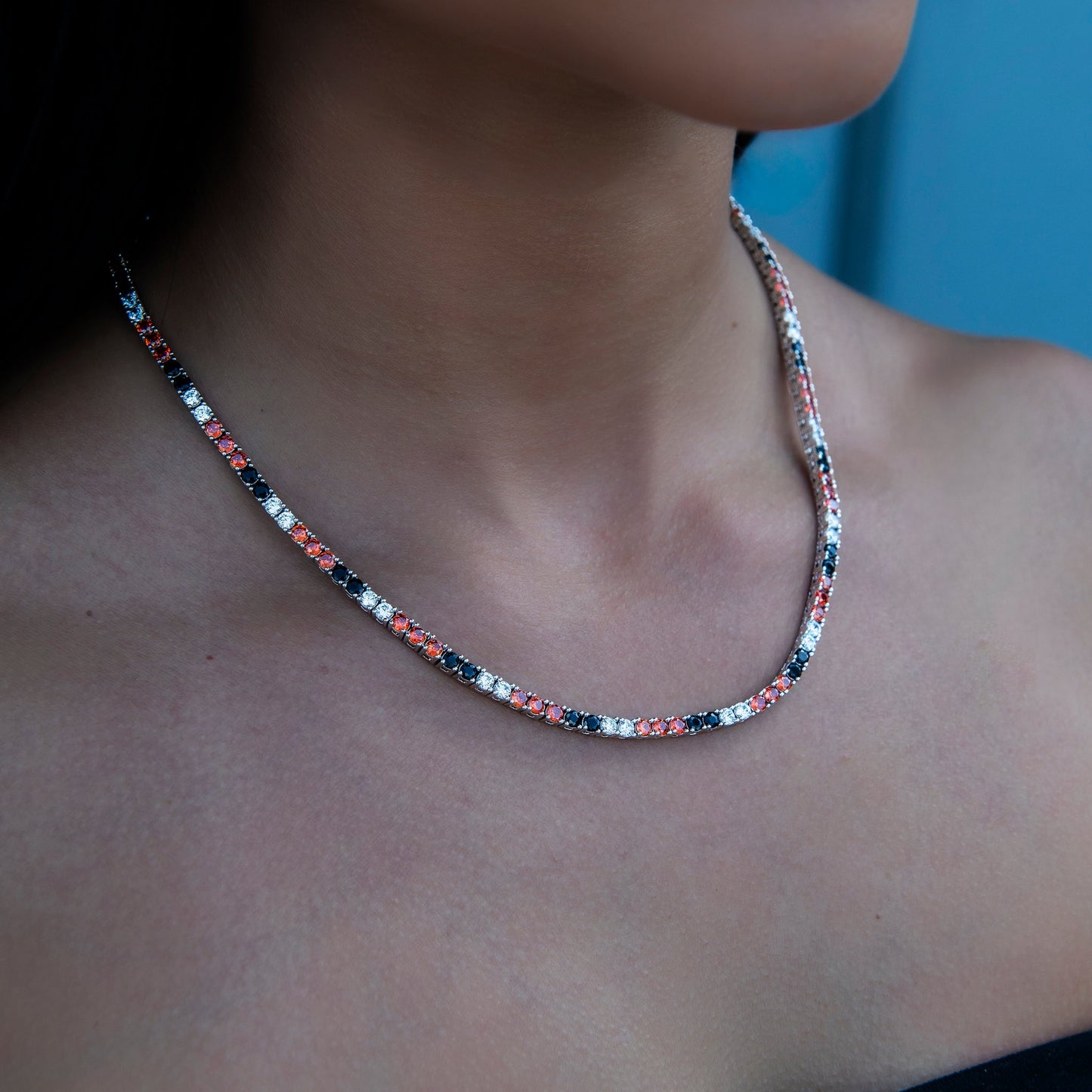 3MM Diamond Tennis Necklace - Black Orange White
