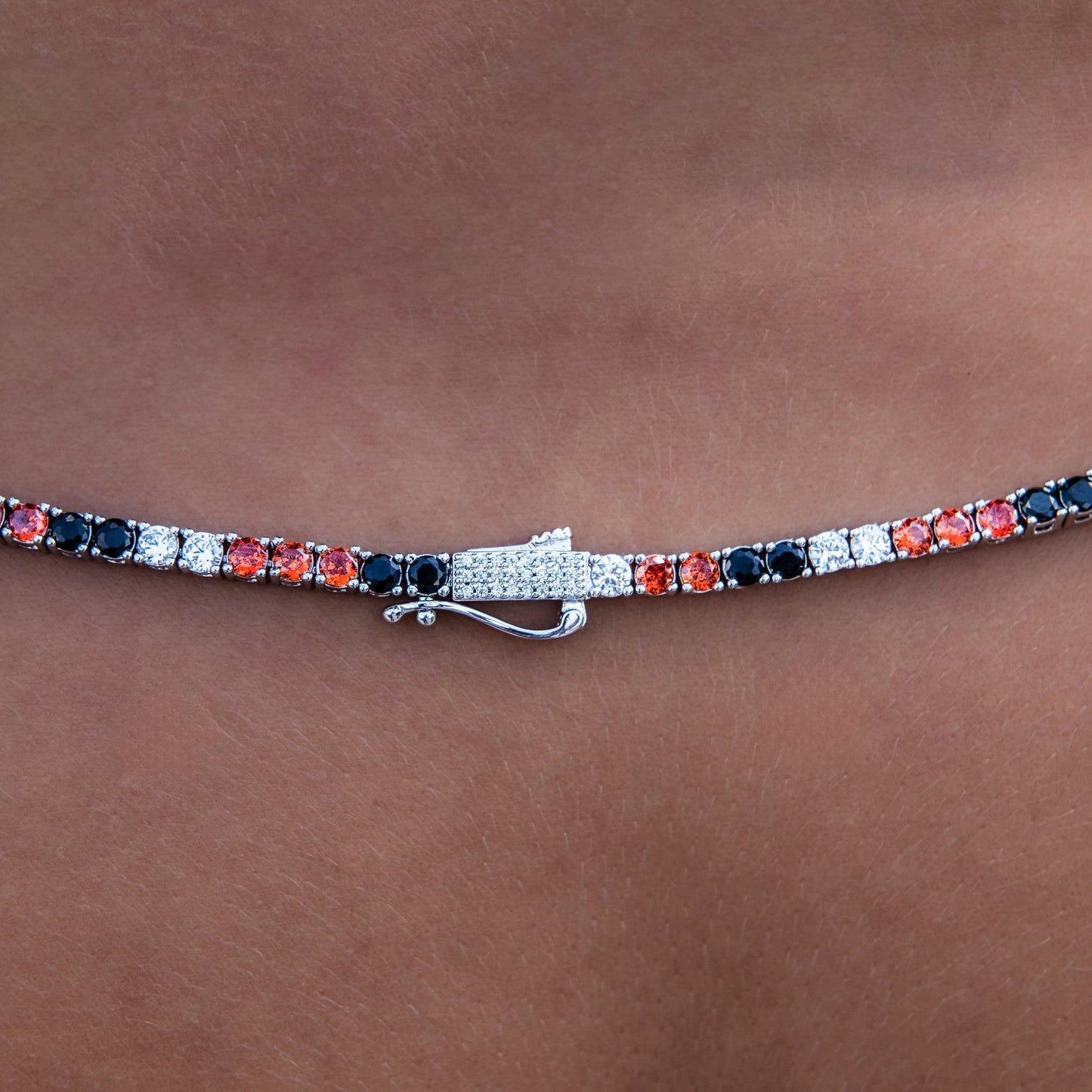 3MM Diamond Tennis Necklace - Black Orange White