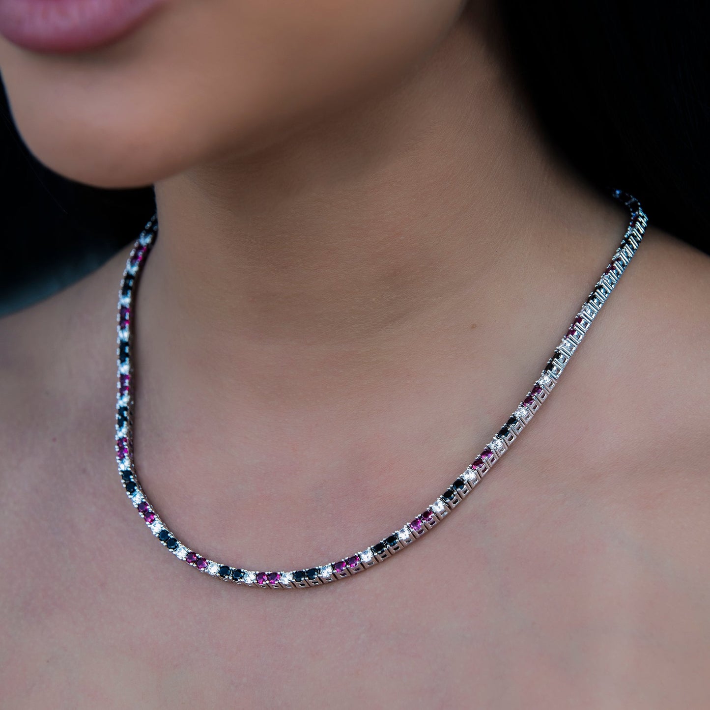 3MM Diamond Tennis Necklace - Black Burgundy White