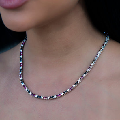 3MM Diamond Tennis Necklace - Black Burgundy White