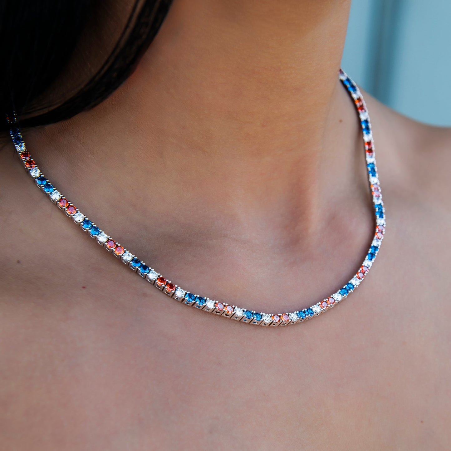 3MM Diamond Tennis Necklace - Royal Blue Orange White
