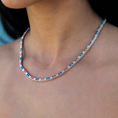 3MM Diamond Tennis Necklace - Royal Blue Orange White