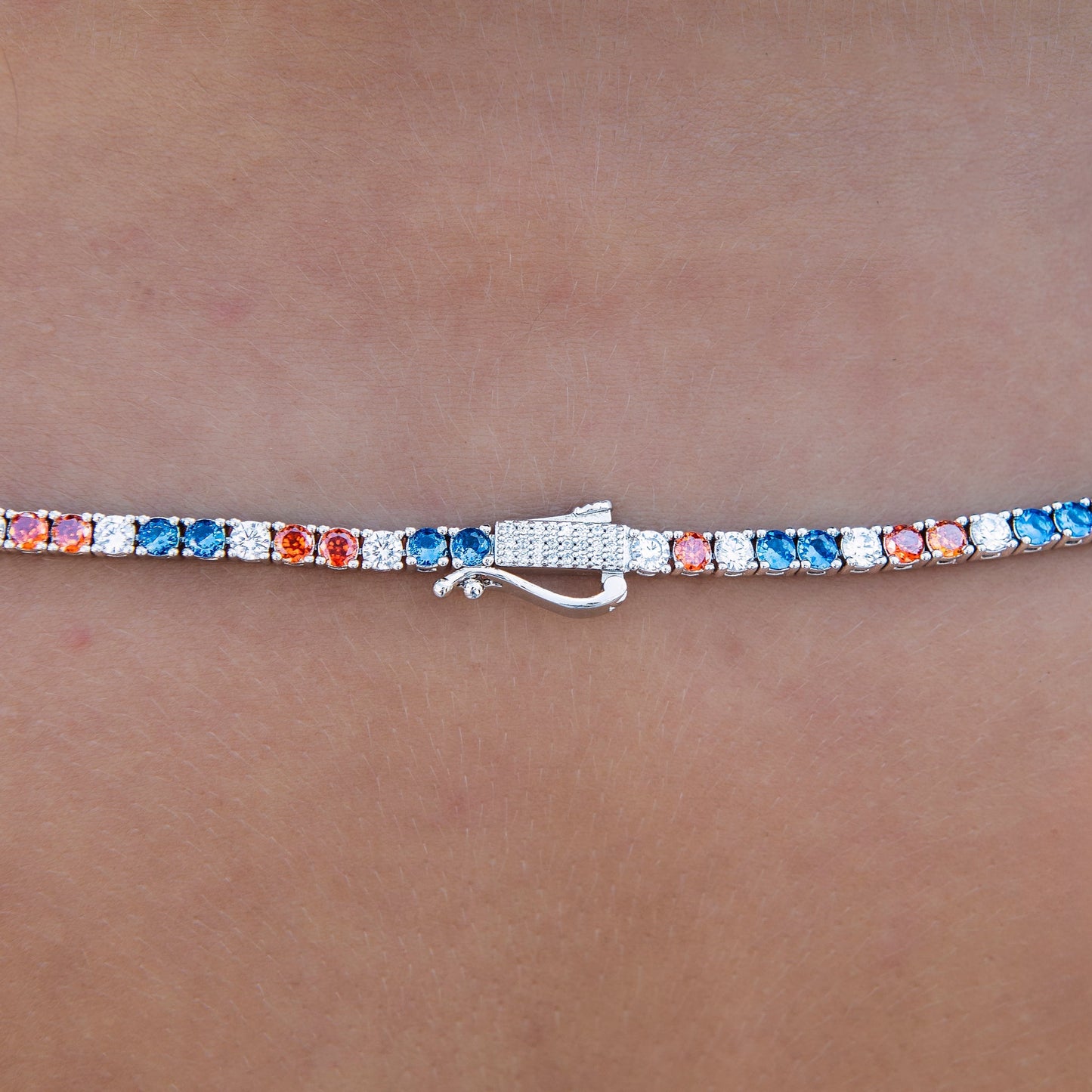3MM Diamond Tennis Necklace - Royal Blue Orange White