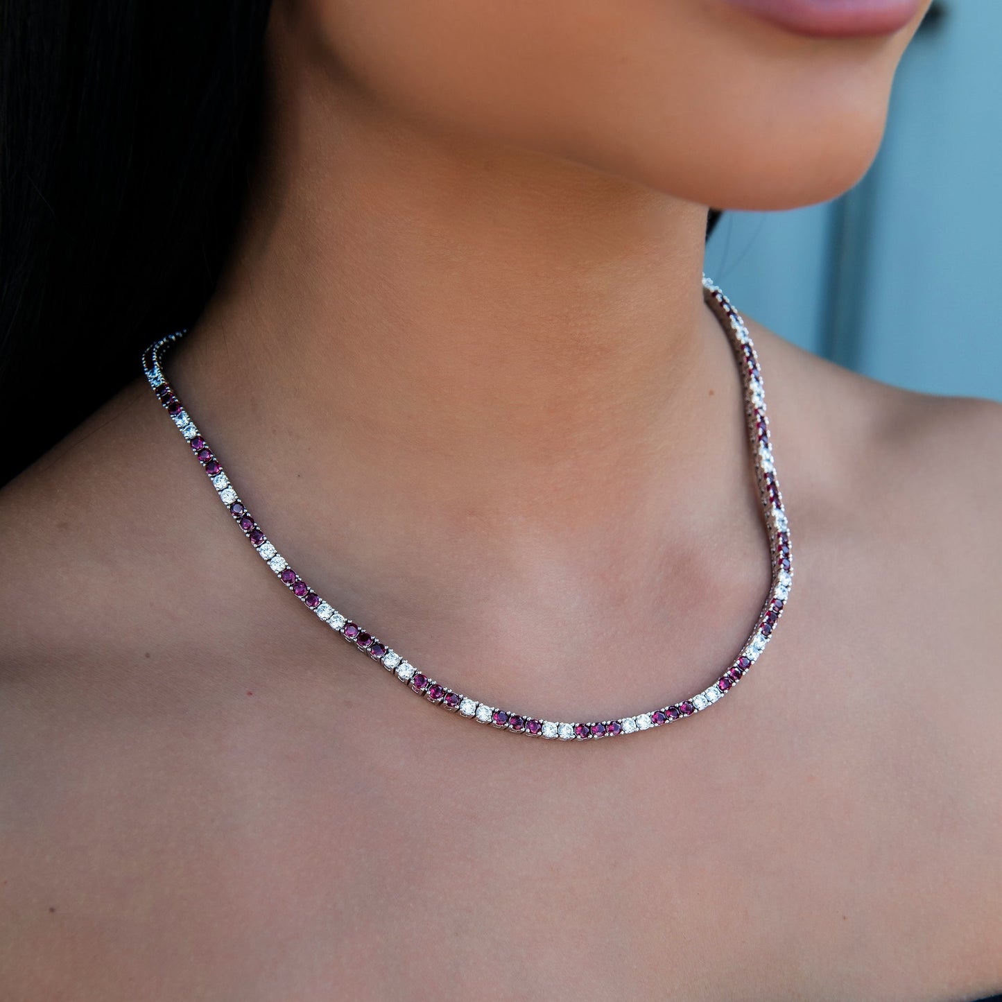3MM Diamond Tennis Necklace - Burgundy White