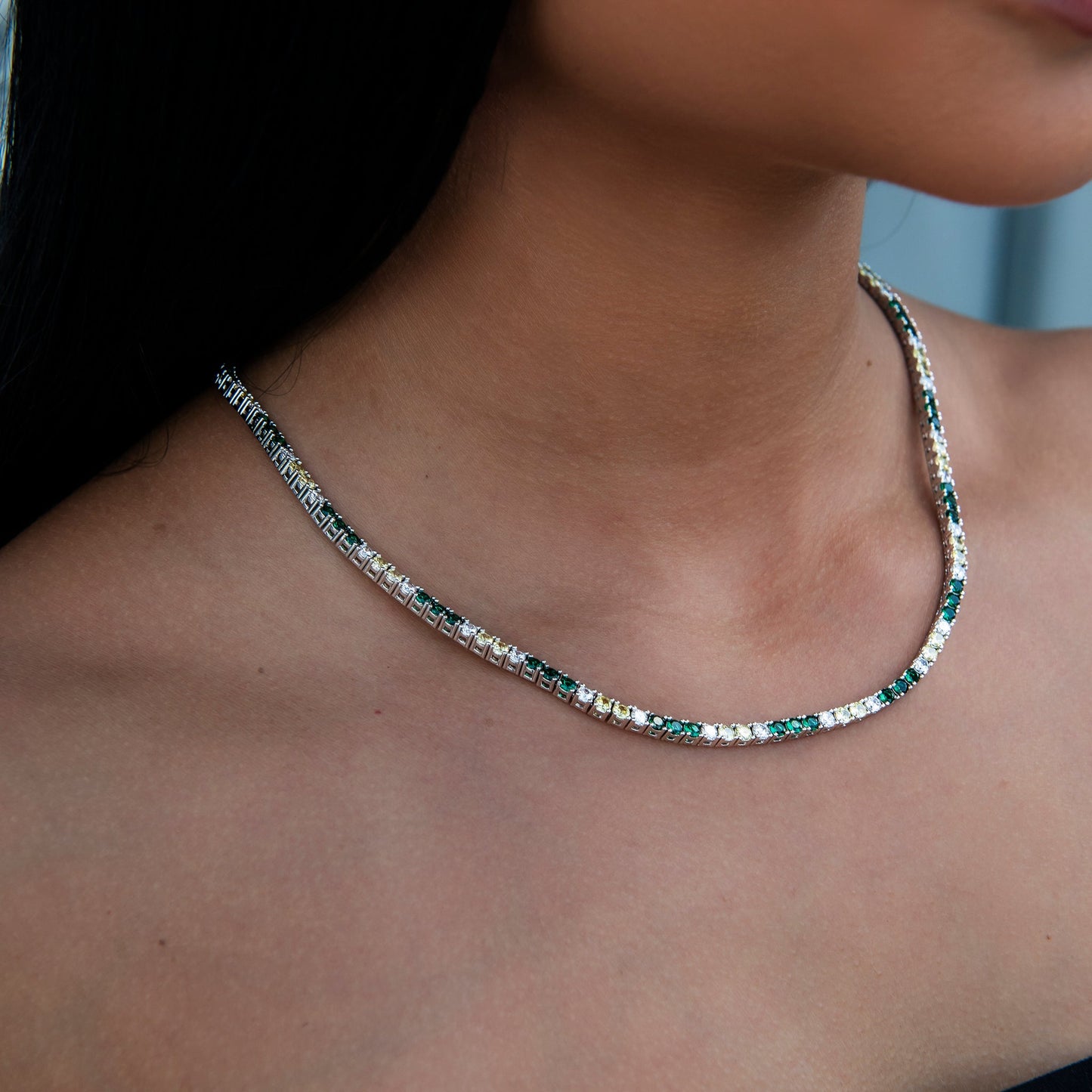 3MM Diamond Tennis Necklace - Green Yellow White