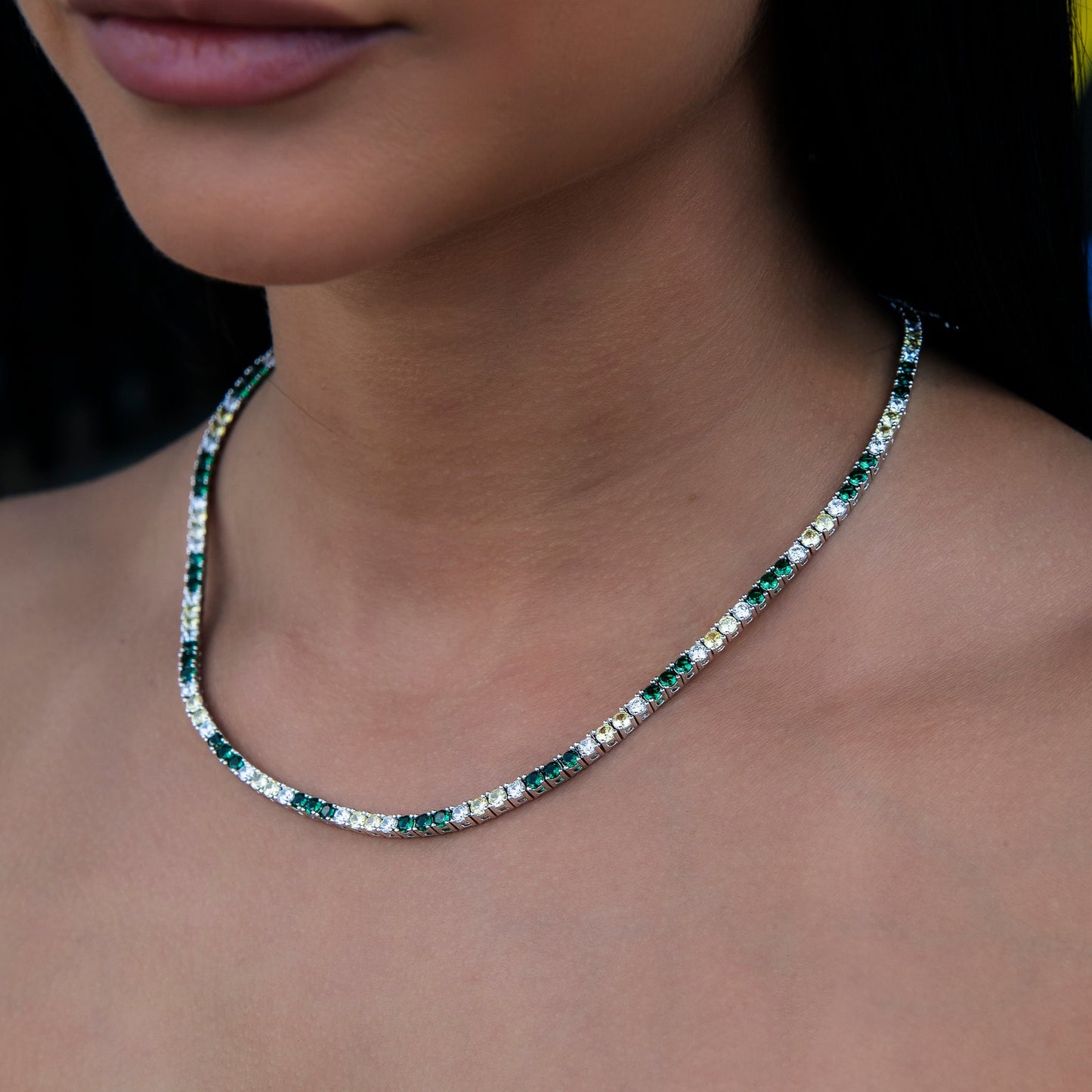 3MM Diamond Tennis Necklace - Green Yellow White