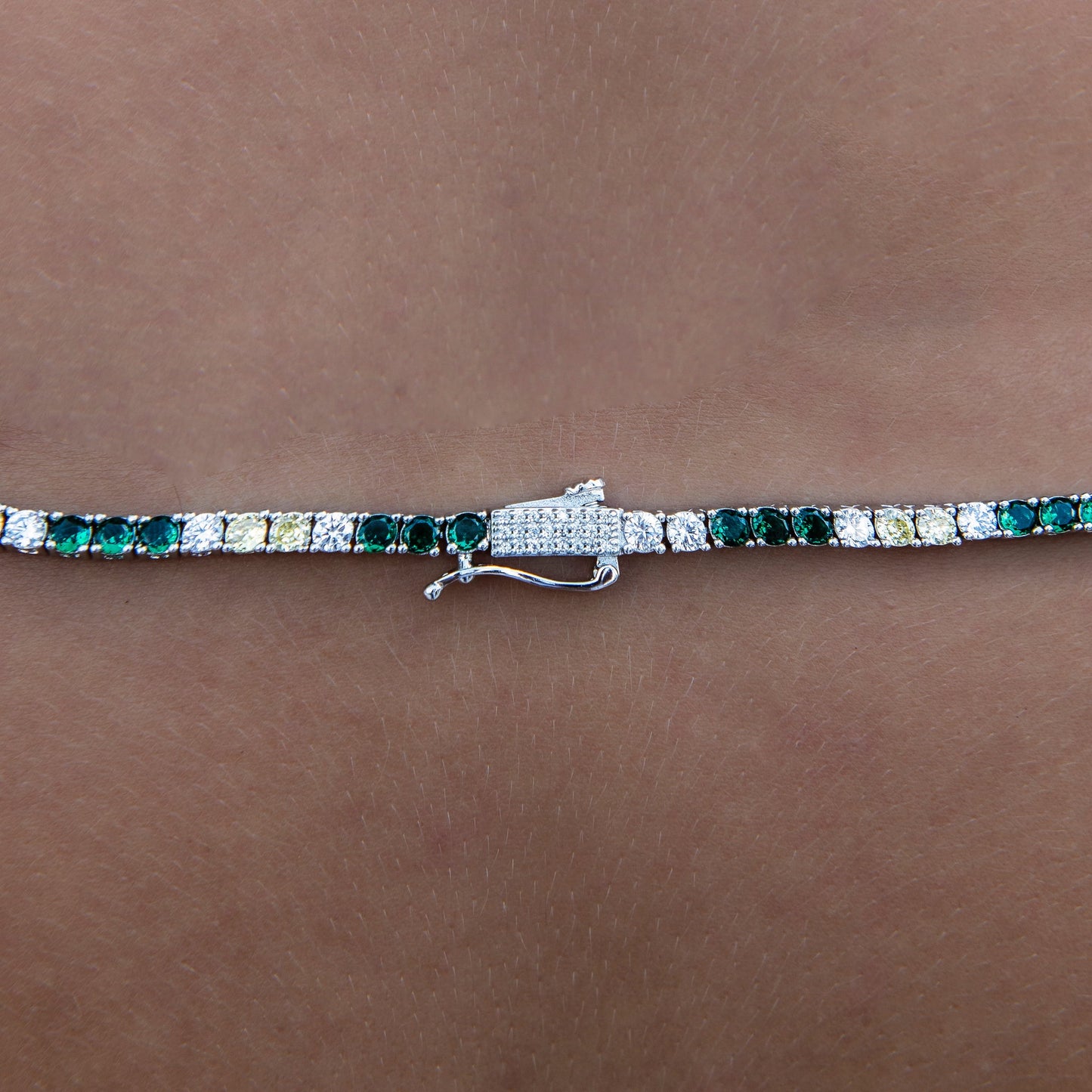 3MM Diamond Tennis Necklace - Green Yellow White