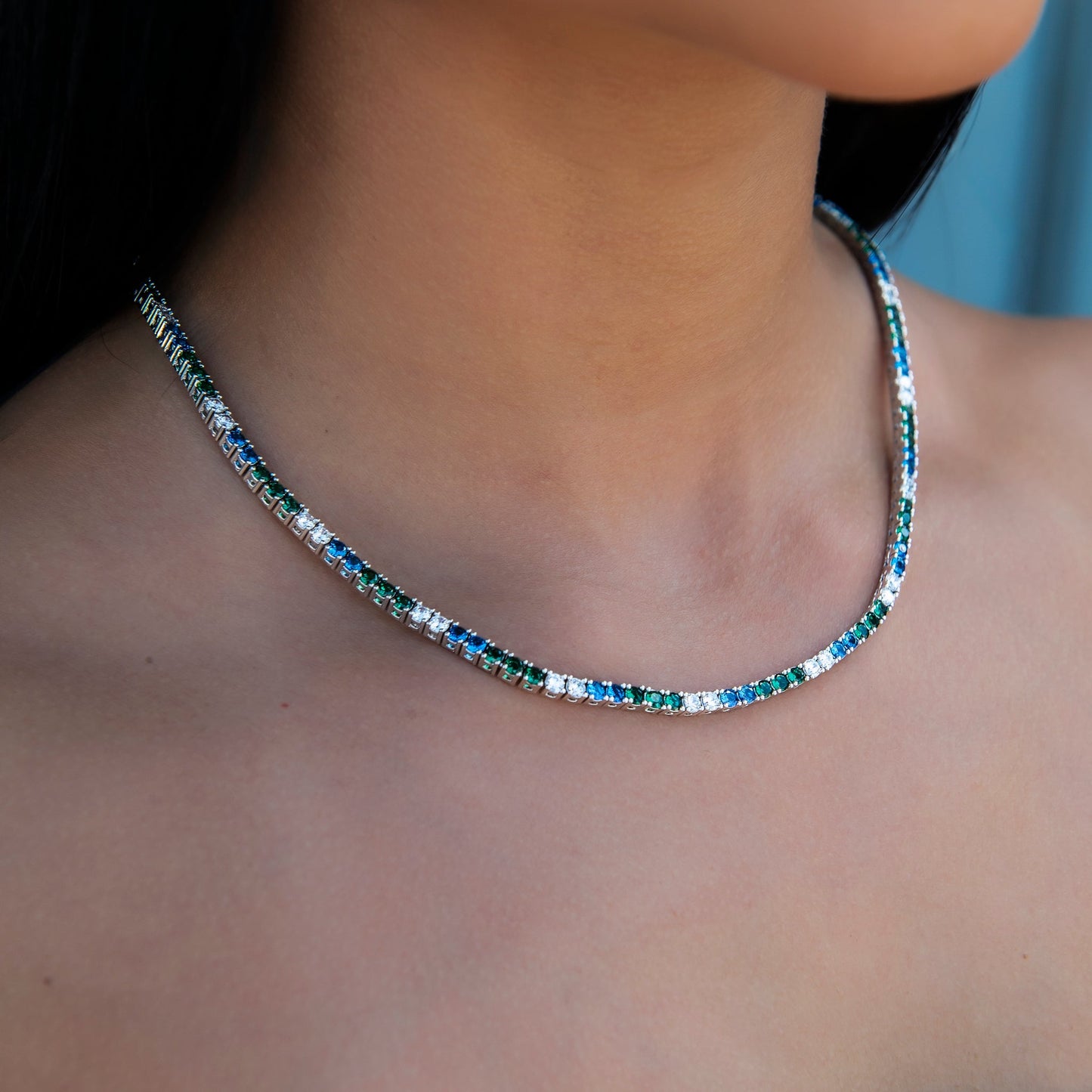 3MM Diamond Tennis Necklace - Green Royal Blue White