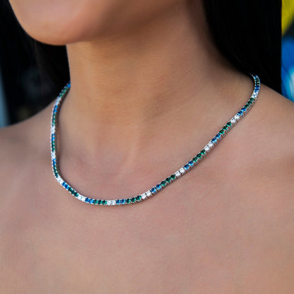 3MM Diamond Tennis Necklace - Green Royal Blue White
