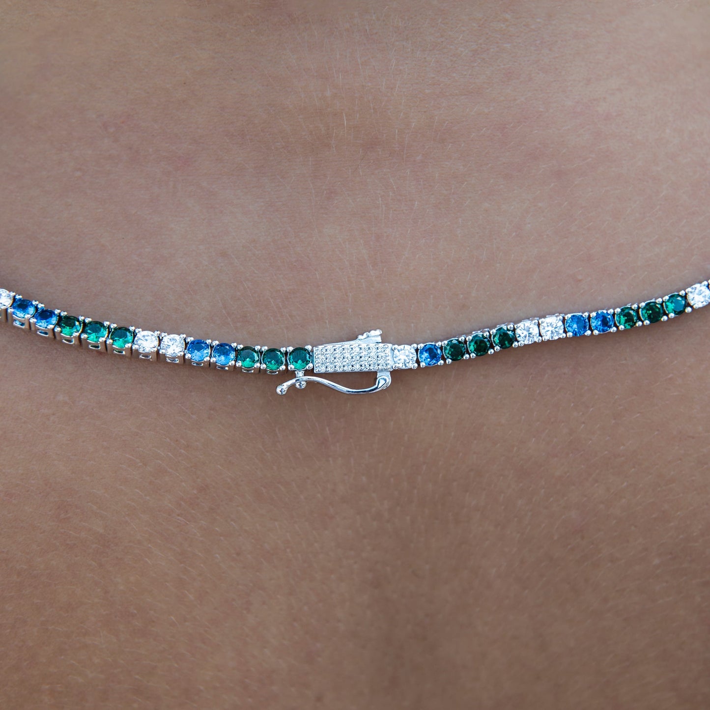 3MM Diamond Tennis Necklace - Green Royal Blue White