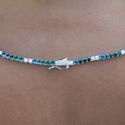 3MM Diamond Tennis Necklace - Green Royal Blue White