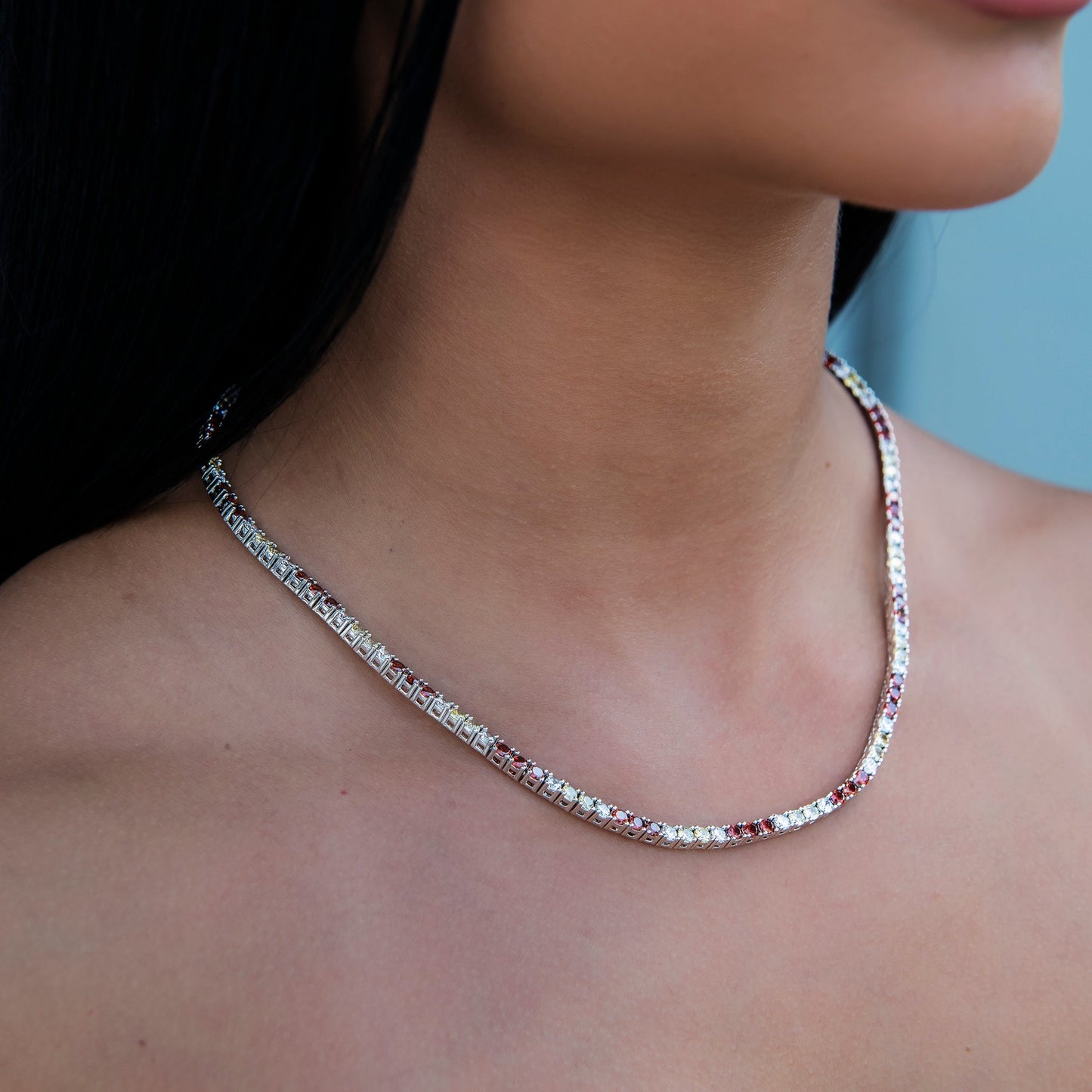 3MM Diamond Tennis Necklace - Red Yellow White