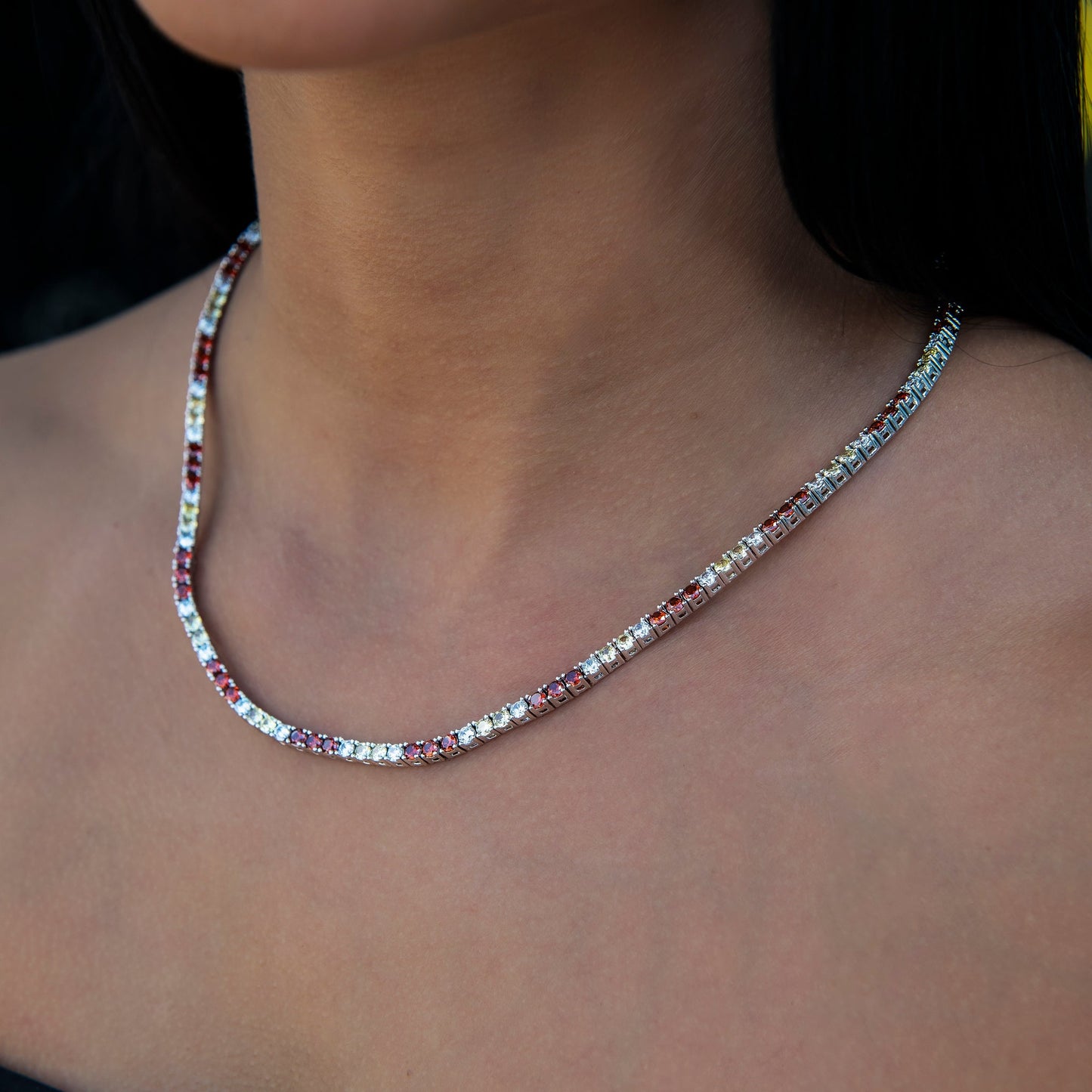 3MM Diamond Tennis Necklace - Red Yellow White