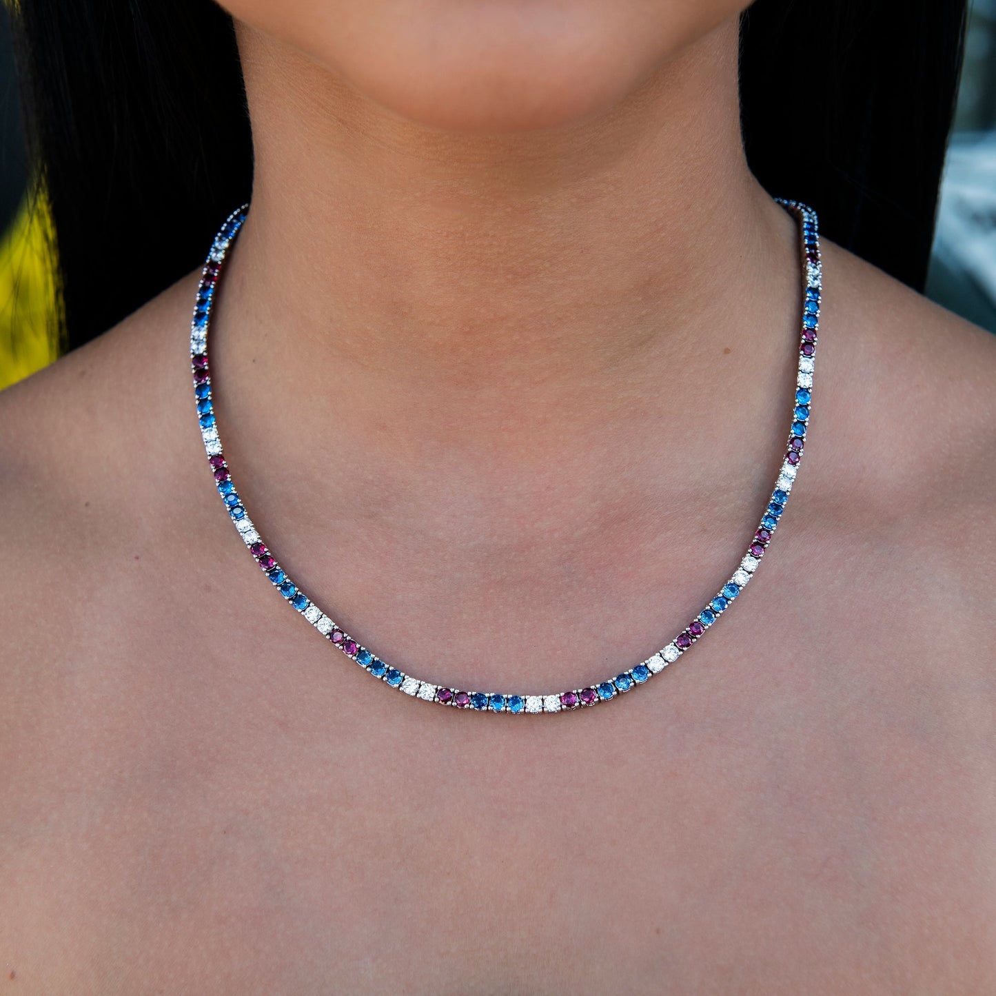 3MM Diamond Tennis Necklace - Royal Blue Red White