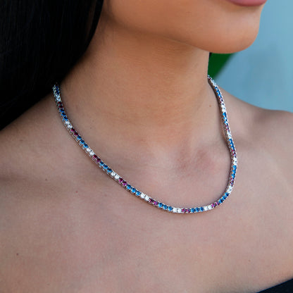 3MM Diamond Tennis Necklace - Royal Blue Red White