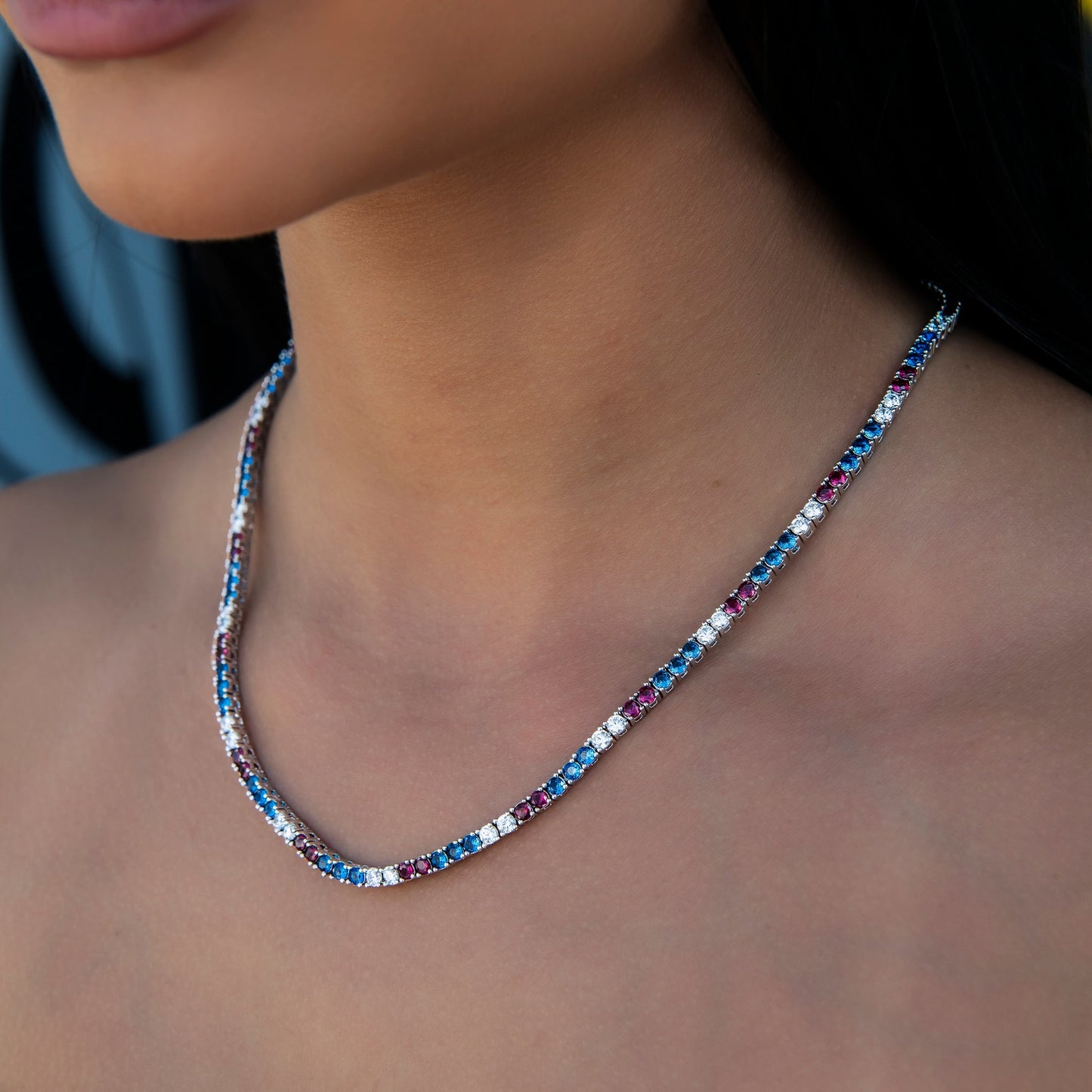 3MM Diamond Tennis Necklace - Royal Blue Red White