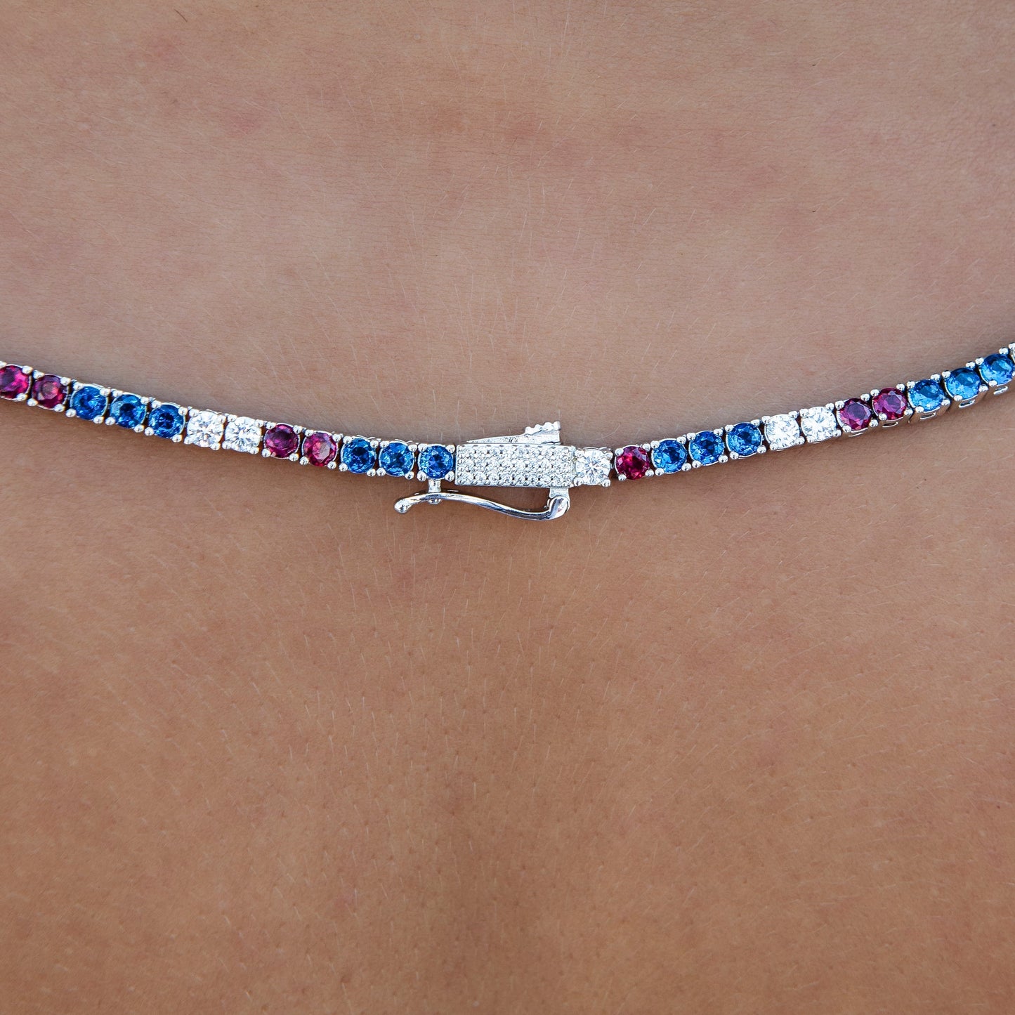 3MM Diamond Tennis Necklace - Royal Blue Red White