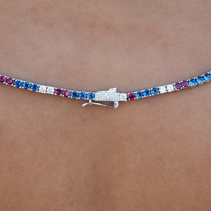 3MM Diamond Tennis Necklace - Royal Blue Red White