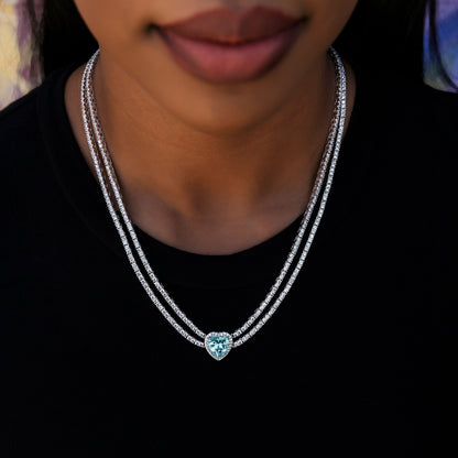 Blue Heart Diamond Double Row Tennis Necklace - White Gold