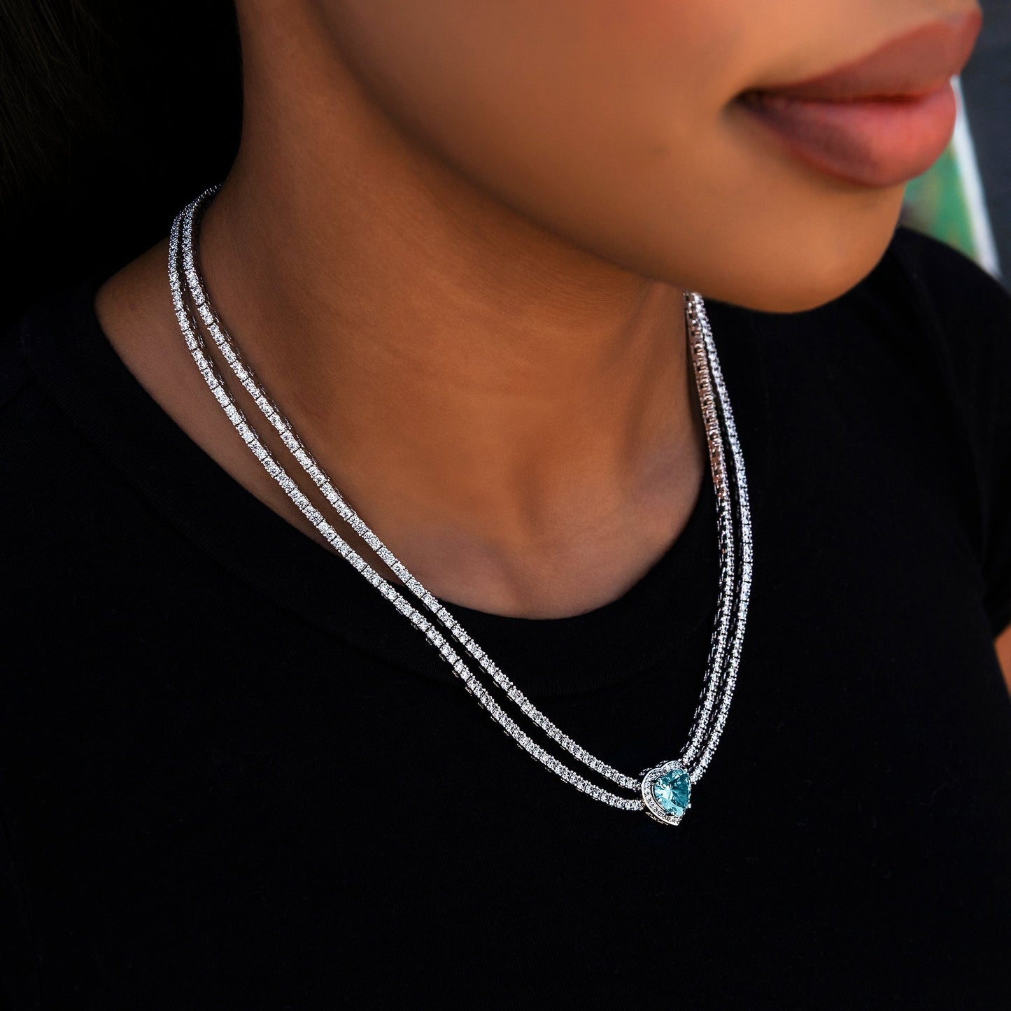 Blue Heart Diamond Double Row Tennis Necklace - White Gold