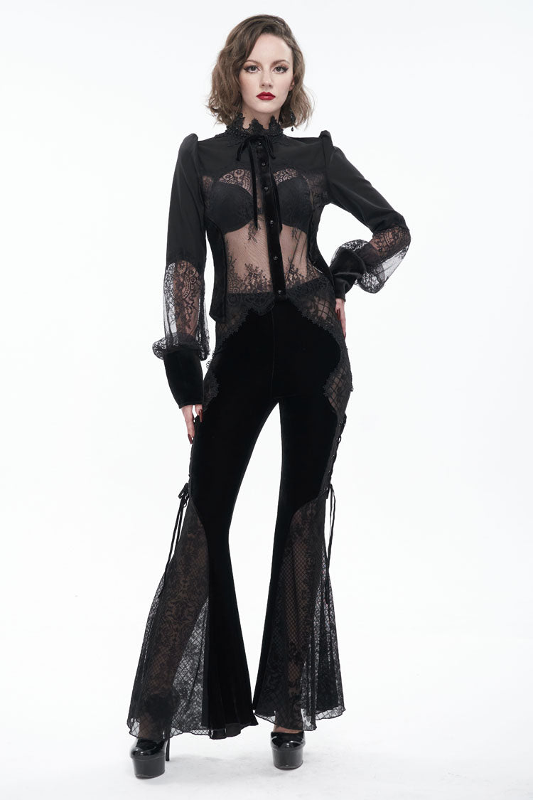 Black High Collar Translucent Lace Patchwork Bow Decoration Long Sleeve Women's Gothic Shirt