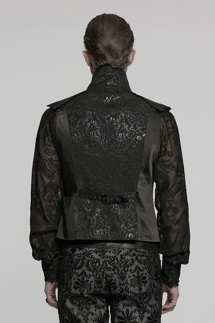 Black Lapel V Collar Long Sleeves Embroidery Men's Gothic Vest