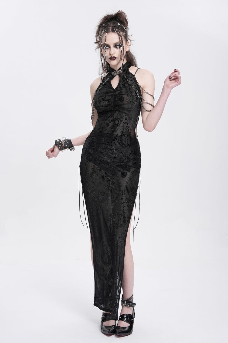 Black Halterneck Sleeveless Cheongsam Collar Side Slit Embroidery Women's Gothic Dress