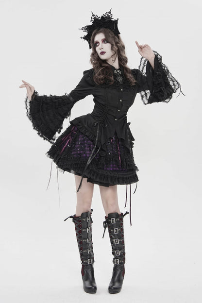 Black Lapel Collar Long Trumpet Sleeves Lace Lace-Up Women's Gothic Blouse
