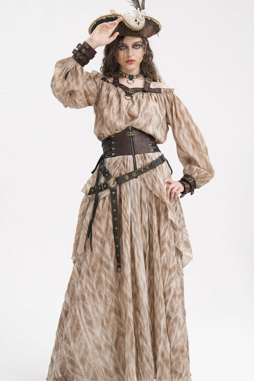 Apricot Buckle-up Halterneck Long Sleeves Women's Gothic Blouse