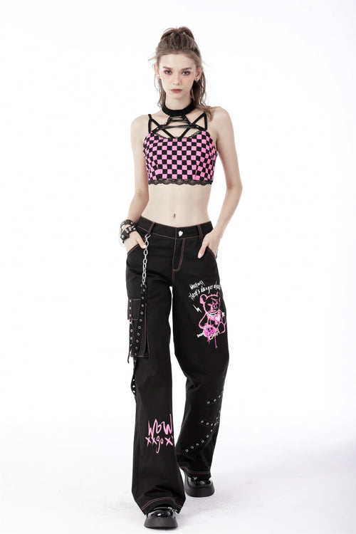Black Dangerous Bear Chain-Decorated Women's Grunge Bell Bottom Pants