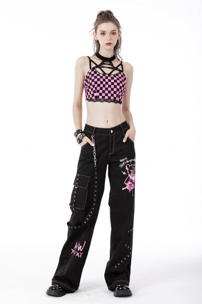 Black Dangerous Bear Chain-Decorated Women's Grunge Bell Bottom Pants