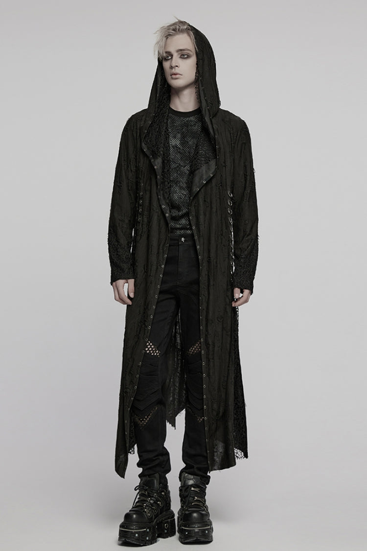 Black Long Sleeves Stitching Irregular Hooded Mesh Ripped Men's Gothic Coat