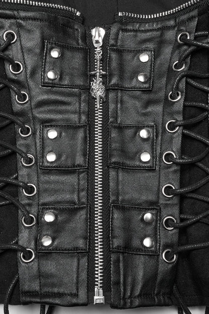 Black Domineering High Collar Sleeveless Lace-Up Rivet Women's Punk Corset