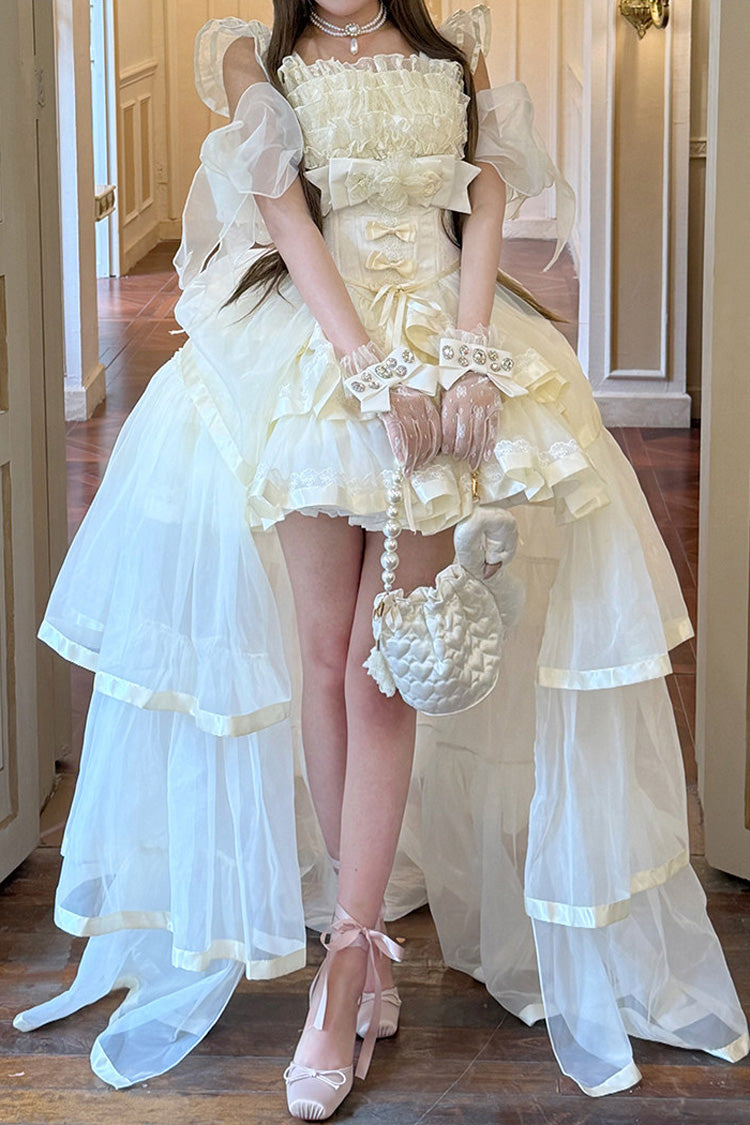 Beige [Mousse Love Song] Off Shoulder Sleeveless Triple-Layered Ruffled Hanayome Bow Sweet Elegant Ballet Lolita Short Dress Set