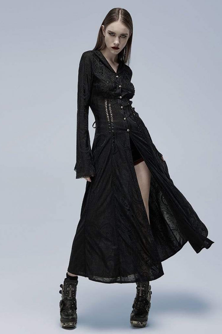 Black Long Trumpet Sleeves Hollow Lace Slim Hooded Womens Gothic Dress