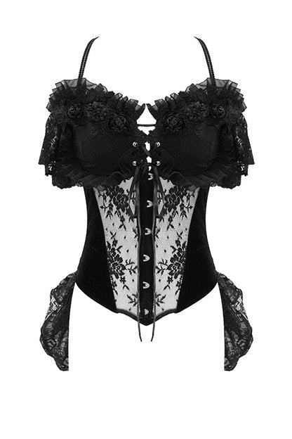 Black Gorgeous Sheer Floral Lace Ruffled Fitted Women's Gothic Corsets With Detachable Hem