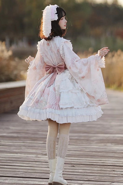 Apricot Long Trumpet Sleeves Cherry Blossom Print Ruffle Sweet Japanese Lolita Dress
