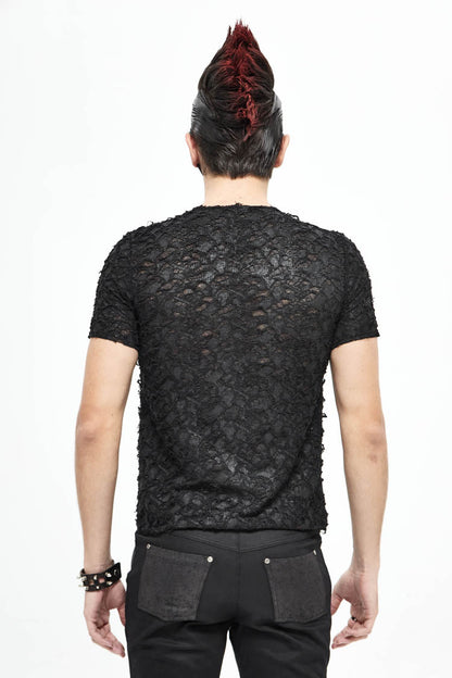 Black Broken Holes Thick Stripes Chest Lace-Up Knit Short Sleeve Men's Punk T-Shirt