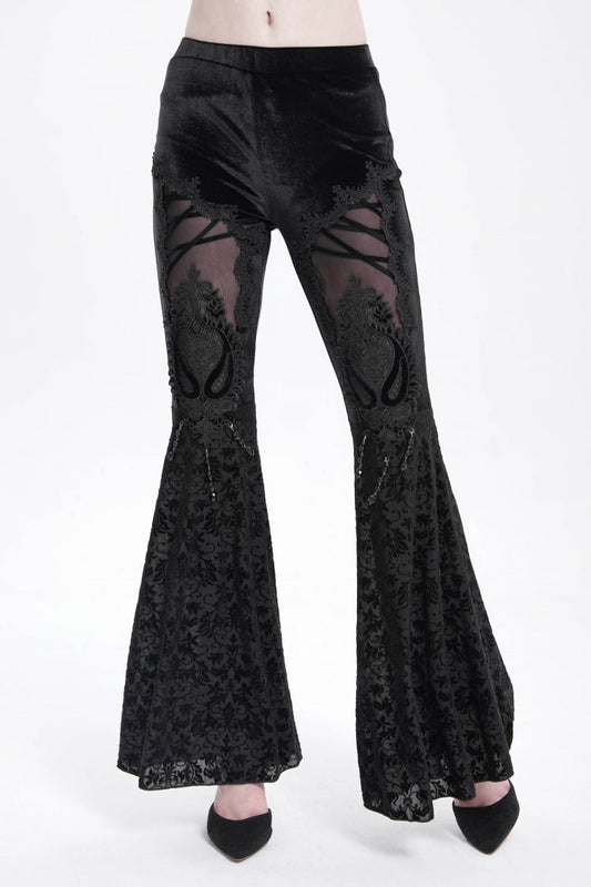 Black Hollow Floral Embroidery Women's Gothic Flared Pants