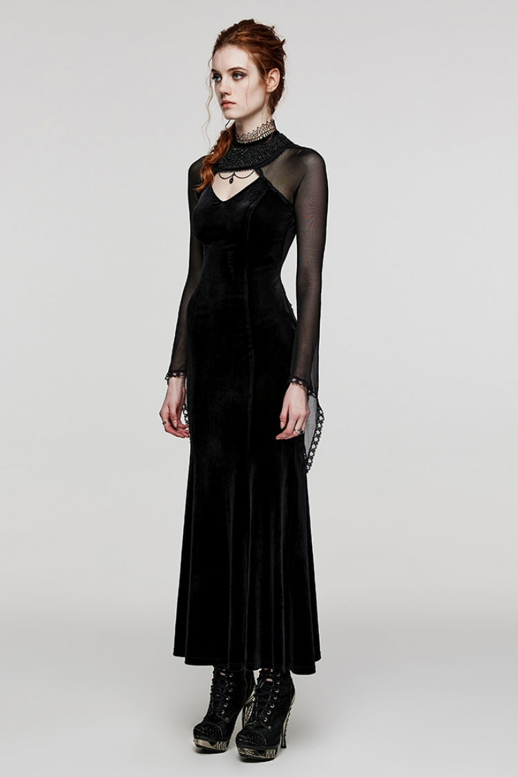 Black Long Sleeves Hollow Stitching Lace Sheer Women's Gothic Gorgeous Dress