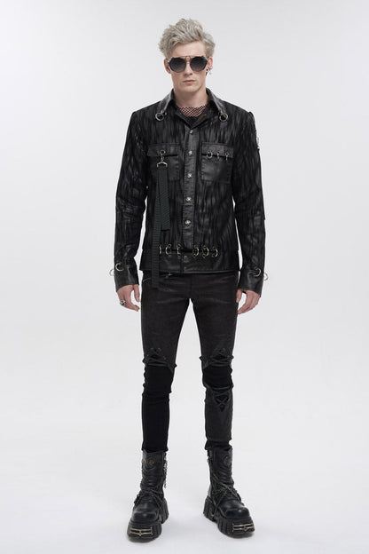 Black Metal Ring Perforated Lapel Lapel Button Handsome Men's Punk Jacket