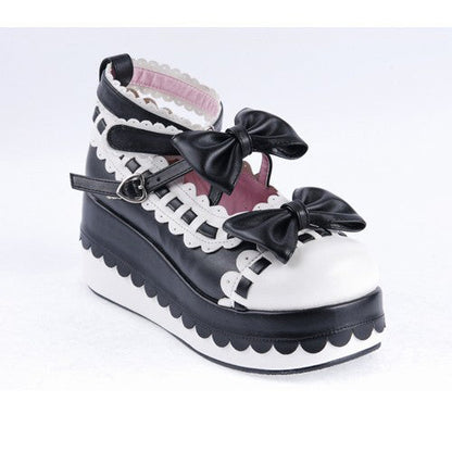Black & White Romantic PU Round Toe Ankle Straps Bow Decoration Platform Lolita Shoes
