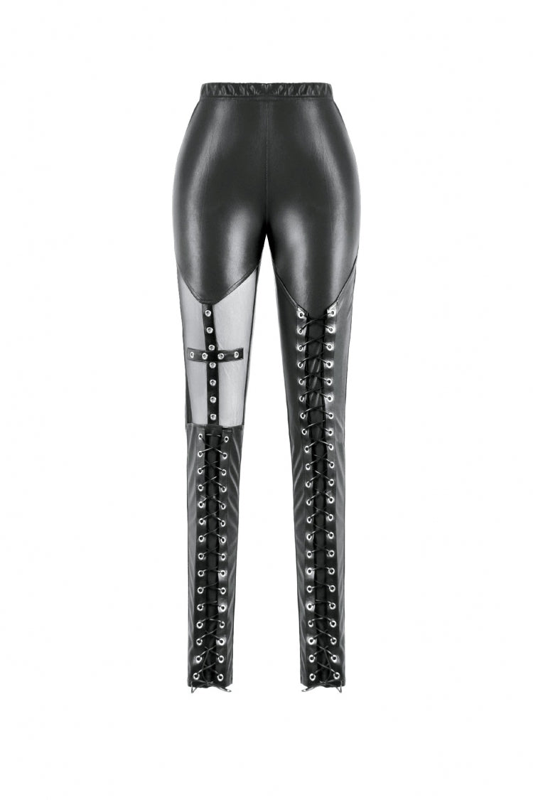 Black Cross Lace-Up PU Sheer Mesh Women's Gothic Punk Pants