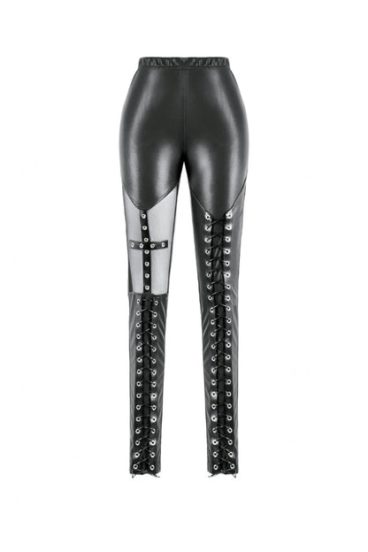Black Cross Lace-Up PU Sheer Mesh Women's Gothic Punk Pants