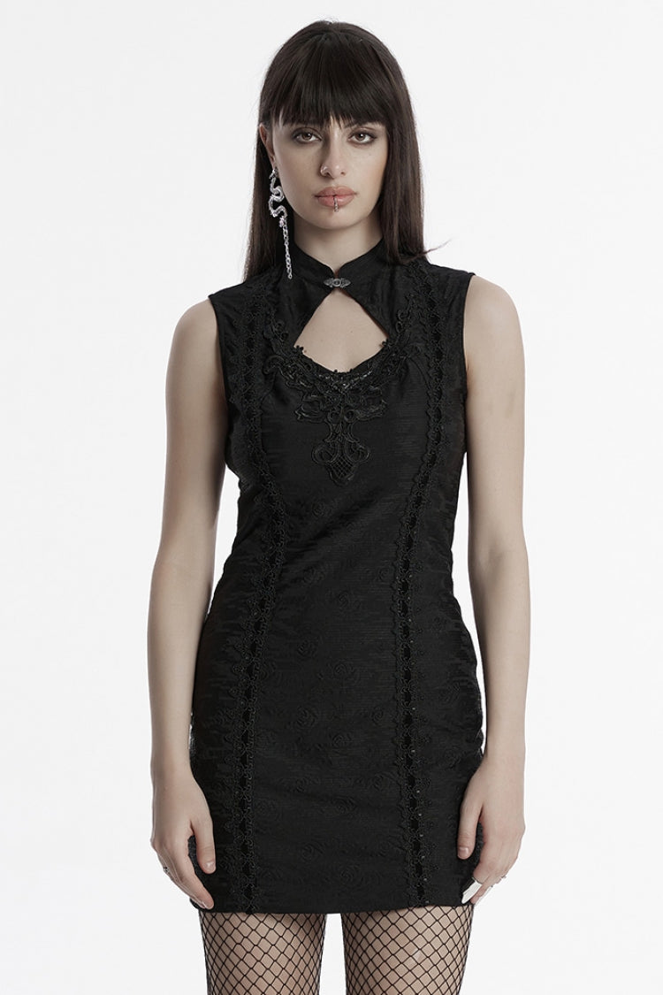 Black Cheongsam Collar Sleeveless Embroidery Women's Prom Dress