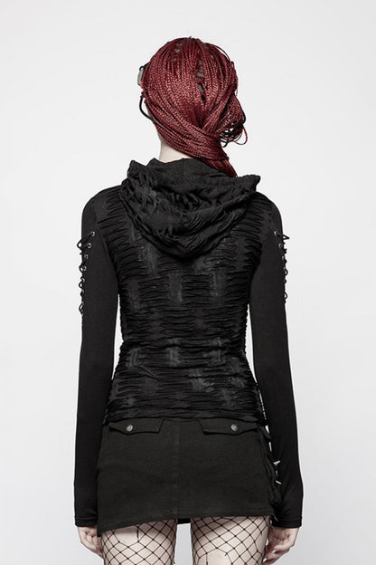 Black Long Sleeves Slim Hooded Ripped Women's Steampunk T-Shirt