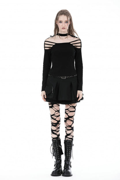 Black Off Shoulder Long Sleeves Cut-Out Buckled Women's Punk Blouse